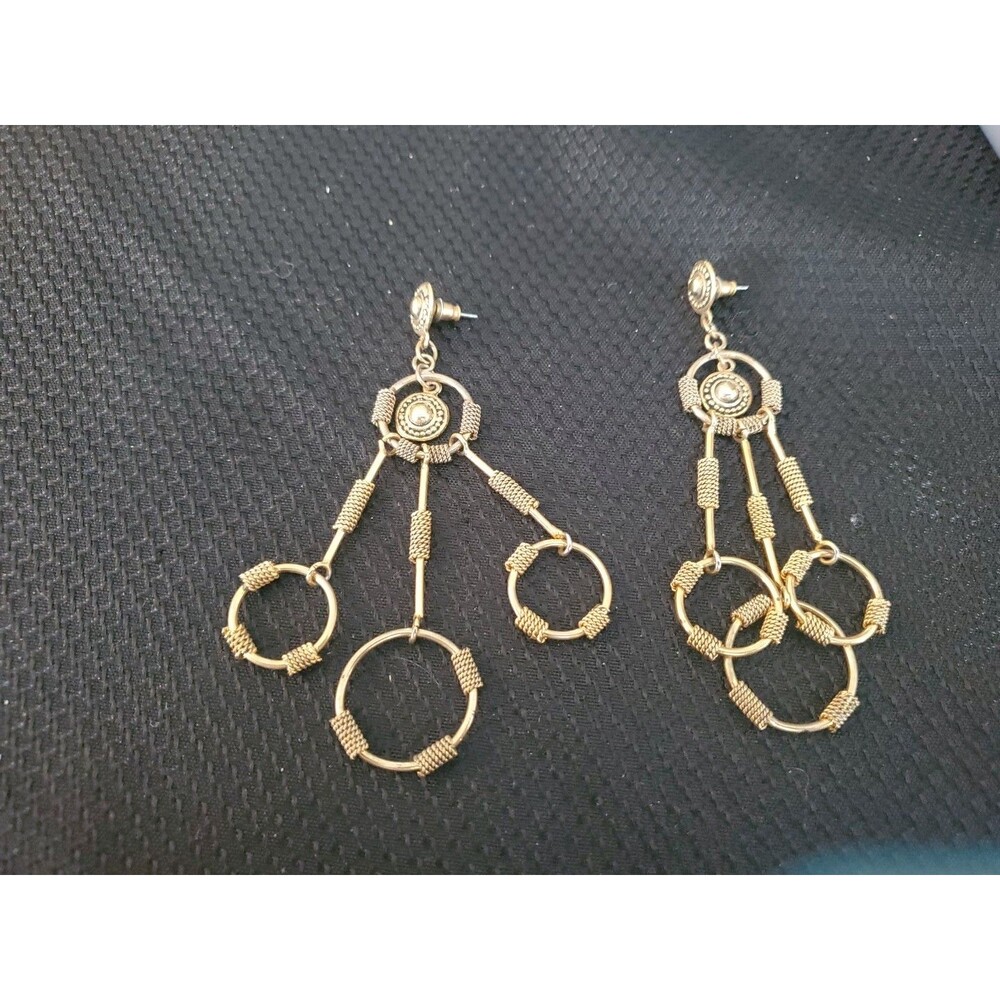 Vtg Gold Tone Dangle Pierced Earrings Circles Retro 80's